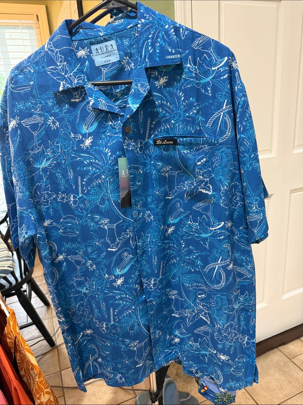 Aura Blue Tropical Print Casual Button-Down Shirt